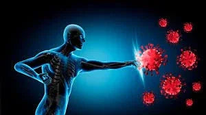 Human figure symbolizing immune system fighting off red viral cells on blue background