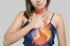 Woman holding chest, visualizing acid reflux or heartburn, digestive health concept