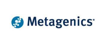 Metagenics logo with blue molecular icon, professional grade supplement branding