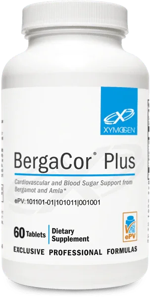 BergaCor Plus 60 tablets dietary supplement bottle for cardiovascular and blood sugar support.
