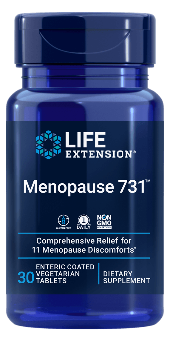 Life Extension Menopause 731 dietary supplement bottle, 30 vegetarian tablets for menopause relief
