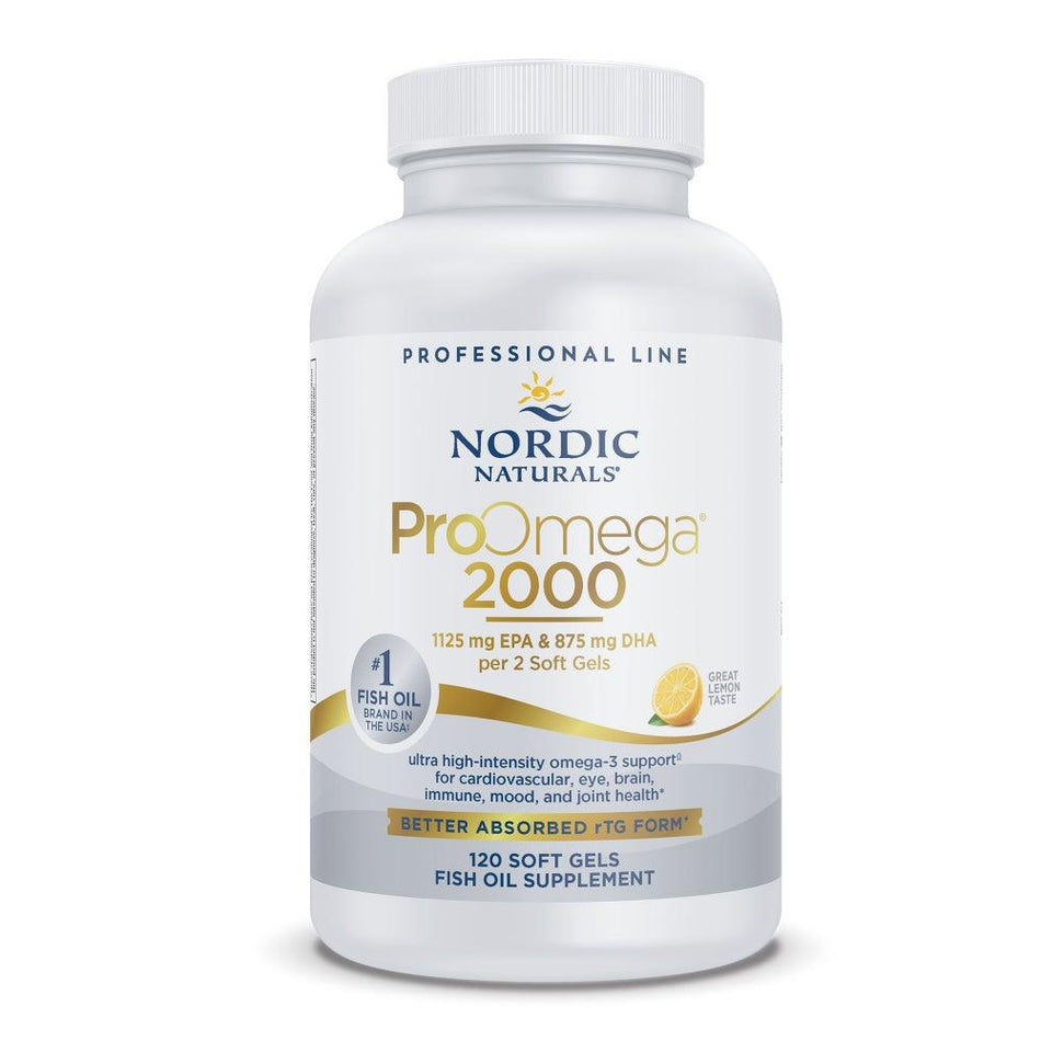 Nordic Naturals ProOmega 2000 fish oil supplement bottle, 120 soft gels, front label