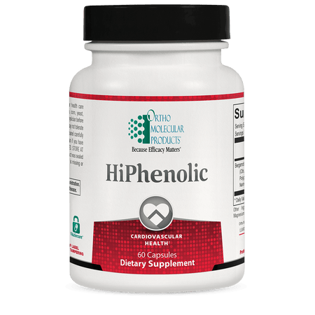 HiPhenolic dietary supplement bottle for cardiovascular health, 60 capsules, white and red label.