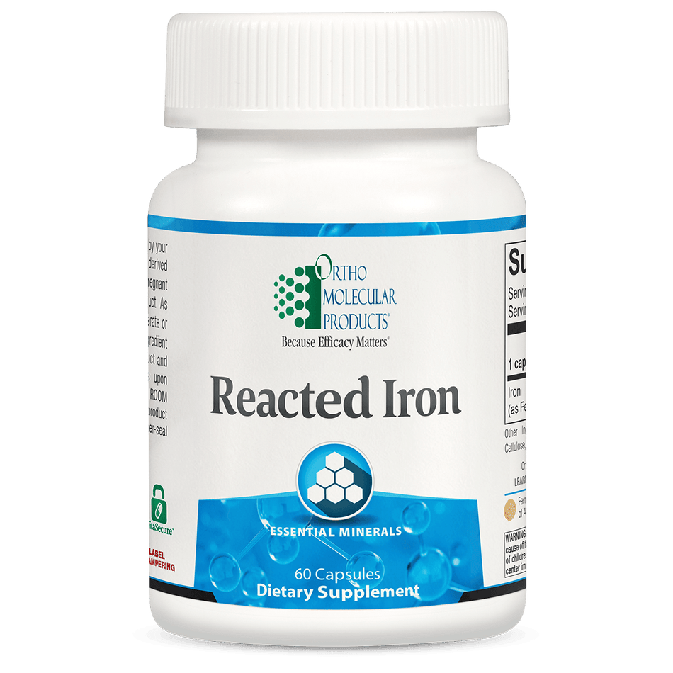 Reacted Iron dietary supplement bottle, 60 capsules, essential minerals label