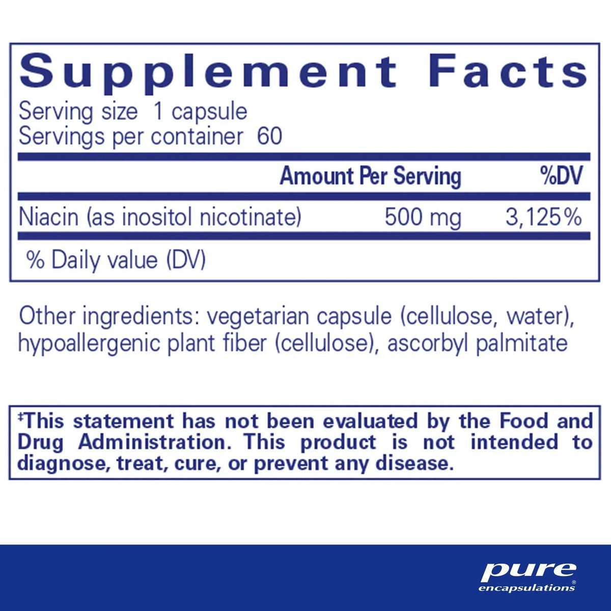 Niacin supplement facts label showing 500mg per capsule, vegetarian ingredients, allergen-free.