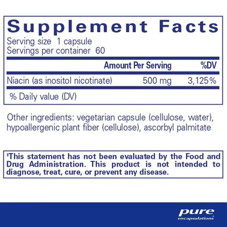 Niacin supplement facts label showing 500mg per capsule, vegetarian ingredients, allergen-free.
