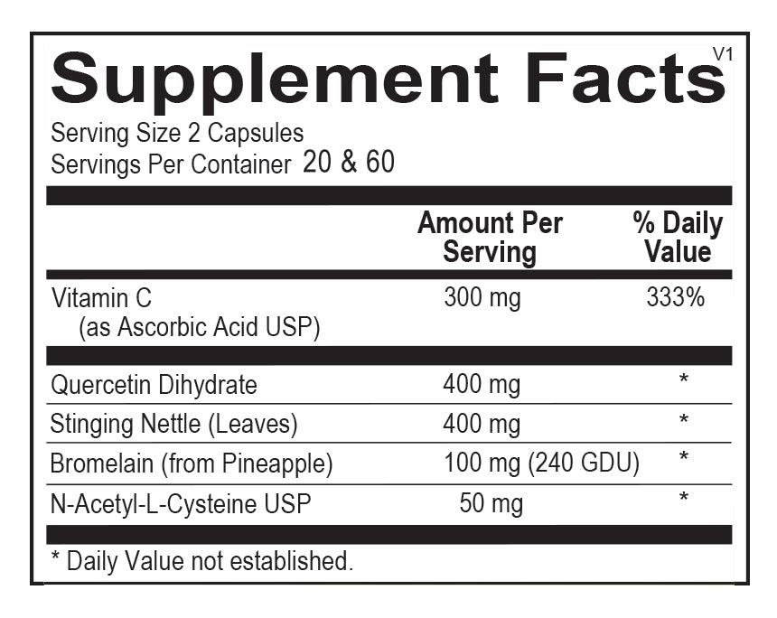 Supplement facts label showing Vitamin C, quercetin, stinging nettle, bromelain, and N-acetyl-L-cysteine ingredient amounts per serving.