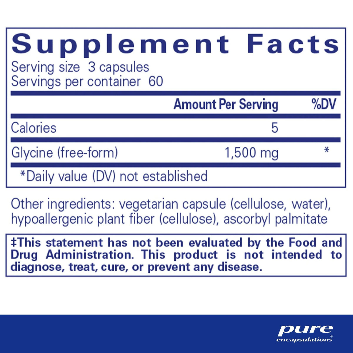 Supplement facts label showing glycine 1500mg per serving, serving size 3 capsules.