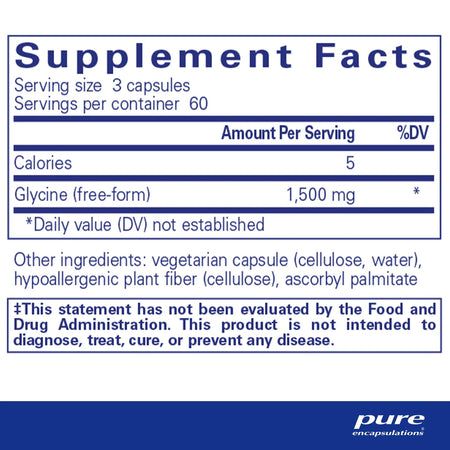 Supplement facts label showing glycine 1500mg per serving, serving size 3 capsules.
