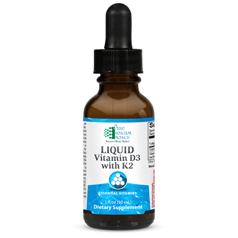 Liquid Vitamin D3 with K2 supplement dropper bottle, blue and white label, dietary vitamins
