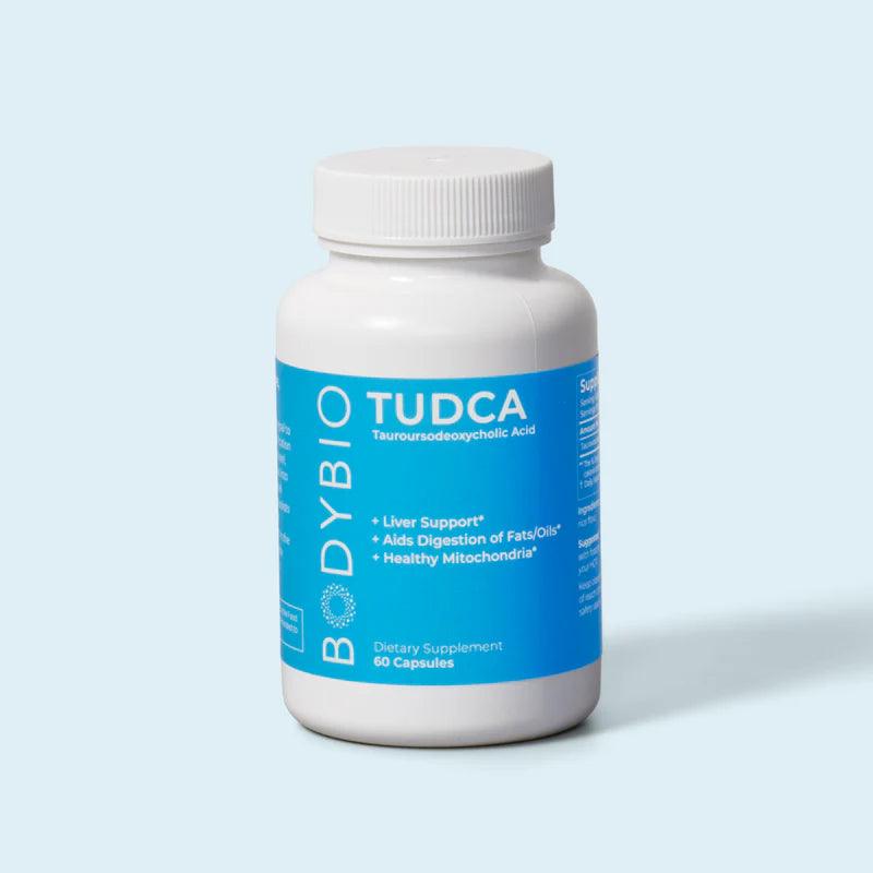 TUDCA dietary supplement bottle with blue label, promotes liver support, 60 capsules