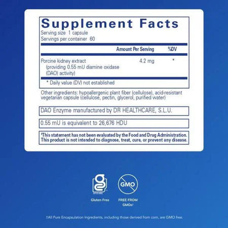 Supplement facts label for DAO enzyme capsule with porcine kidney extract, gluten free, non-GMO.