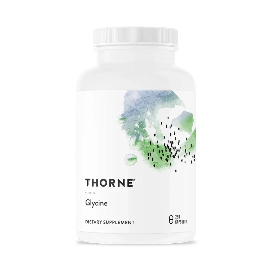 Thorne Glycine dietary supplement bottle with abstract green and blue label design, 250 capsules