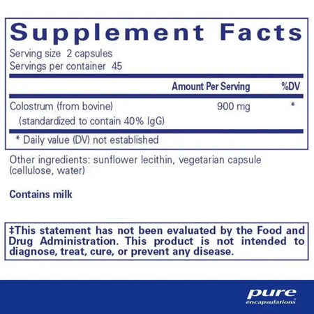 Supplement Facts label showing ingredients of colostrum capsules with sunflower lecithin.