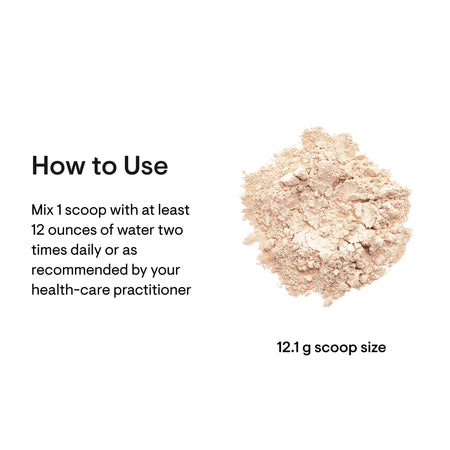 Powder supplement 12.1g scoop with usage instructions for mixing with water.