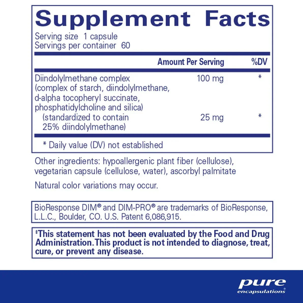 Supplement facts label for DIM capsule with ingredients and dosage details.