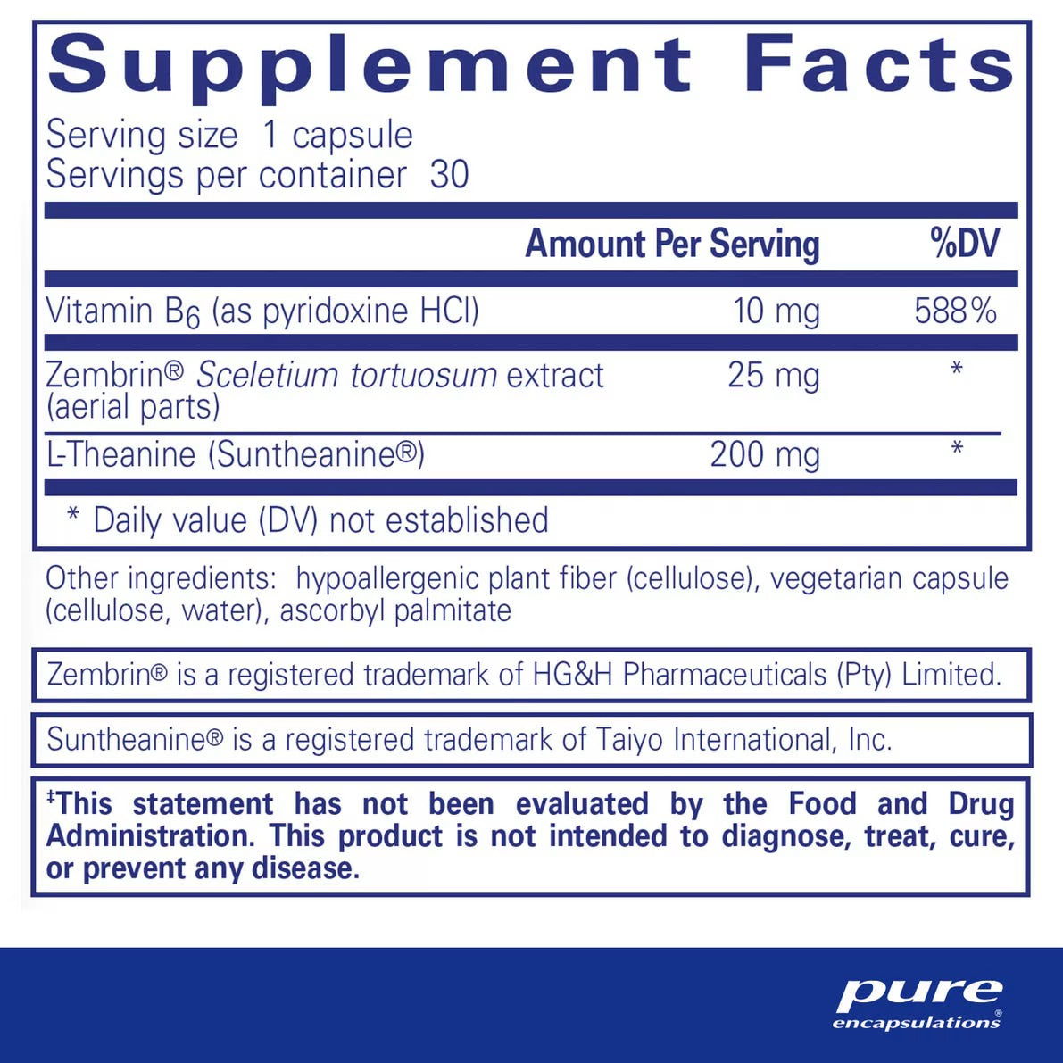 Supplement facts label for vegetarian capsule with vitamin B6, sceletium tortuosum, L-theanine
