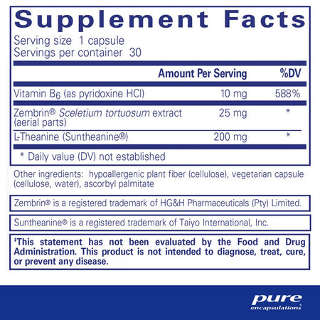 Supplement facts label for vegetarian capsule with vitamin B6, sceletium tortuosum, L-theanine