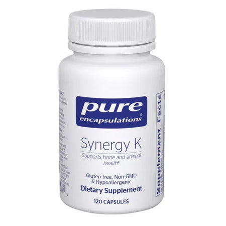 Pure Encapsulations Synergy K dietary supplement bottle, 120 capsules, gluten-free, non-GMO