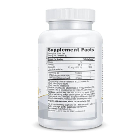 Omega-3 fish oil supplement bottle showing back label with supplement facts and ingredients.