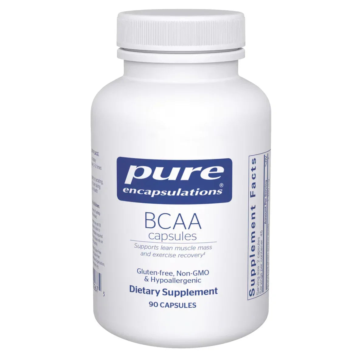 Pure Encapsulations BCAA capsules dietary supplement bottle, 90 gluten-free capsules