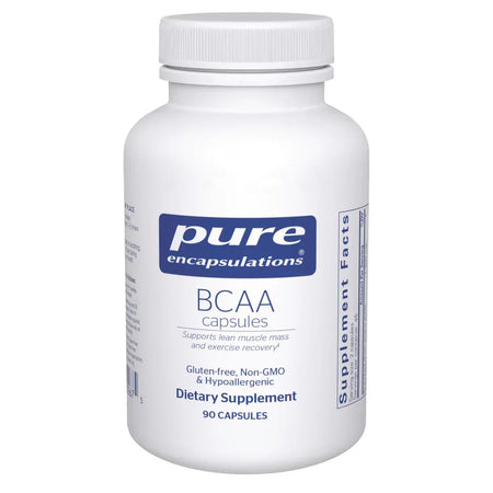 Pure Encapsulations BCAA capsules dietary supplement bottle, 90 gluten-free capsules