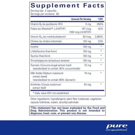 Supplement facts label listing vitamins, herbal extracts, and daily values for health capsules.