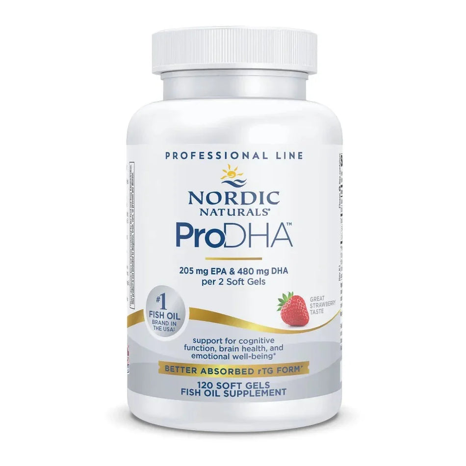Nordic Naturals ProDHA fish oil supplement bottle, 120 soft gels, strawberry flavor