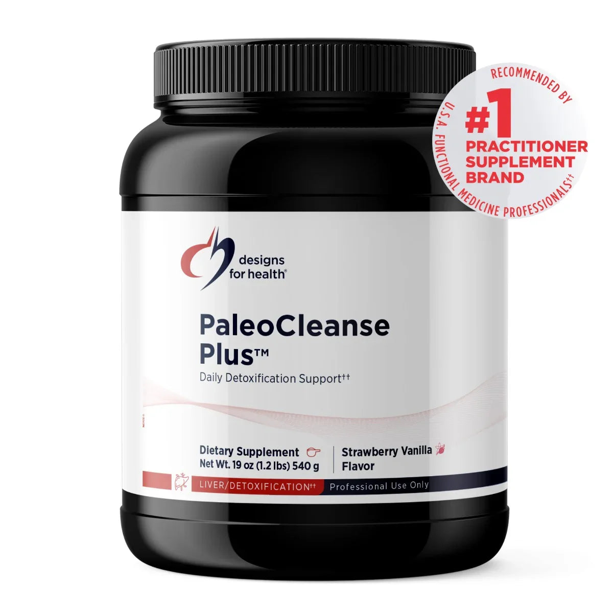 PaleoCleanse Plus detox supplement powder, strawberry vanilla flavor, 540g container