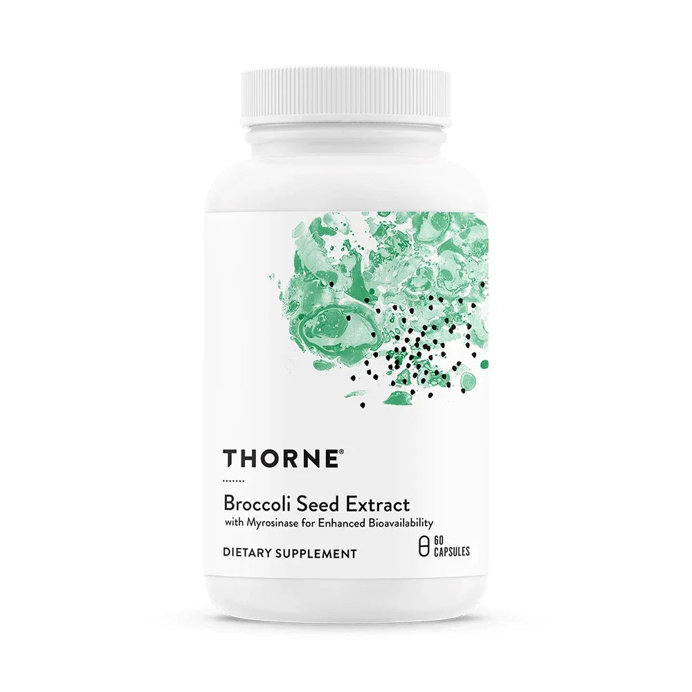 Thorne Broccoli Seed Extract dietary supplement bottle, 60 capsules, with green abstract design