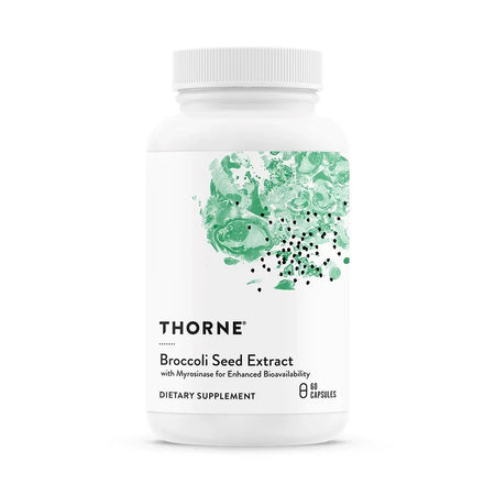 Thorne Broccoli Seed Extract dietary supplement bottle, 60 capsules, with green abstract design