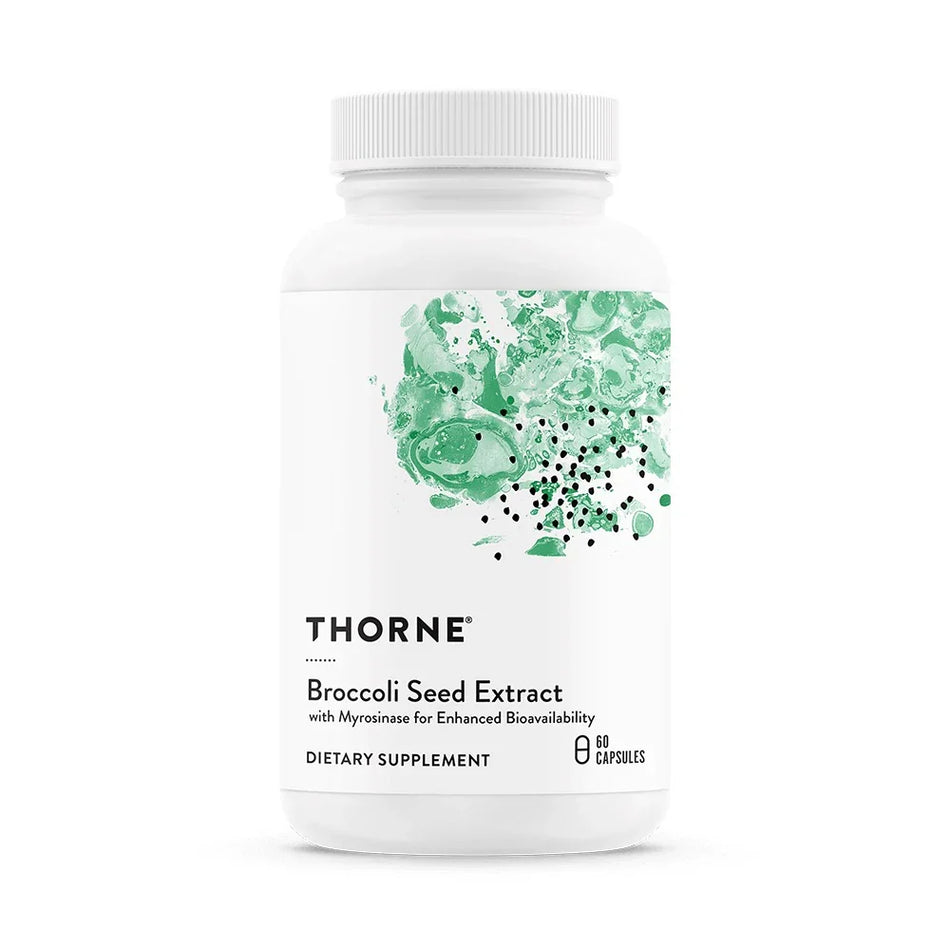 Thorne Broccoli Seed Extract dietary supplement bottle, 60 capsules, with green abstract design