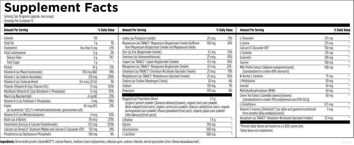 Supplement facts label listing vitamins, minerals, amino acids, and proprietary blends