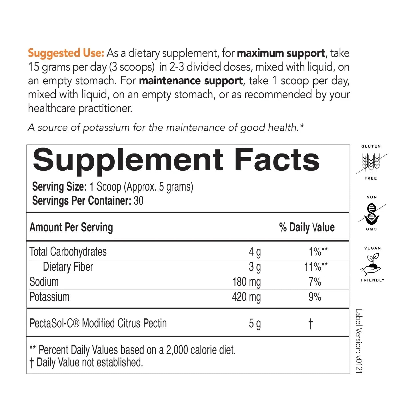 Supplement facts label for PectaSol-C modified citrus pectin powder, gluten free, non-GMO, vegan friendly.