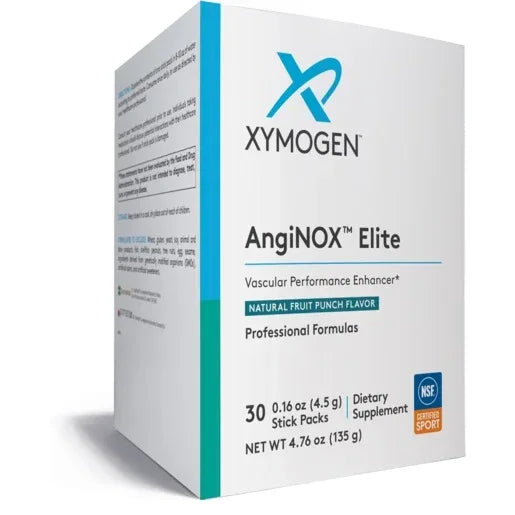 XYMOGEN AngiNOX Elite dietary supplement box, 30 stick packs, fruit punch flavor.