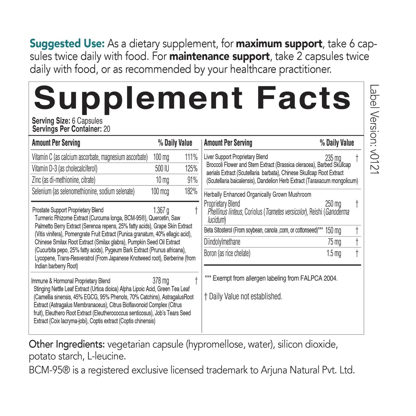 Supplement Facts label showing vitamins, minerals, herbal and mushroom blend ingredients, and suggested use for a dietary supplement capsule.