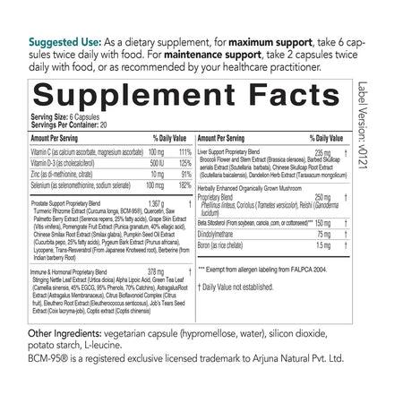 Supplement Facts label showing vitamins, minerals, herbal and mushroom blend ingredients, and suggested use for a dietary supplement capsule.