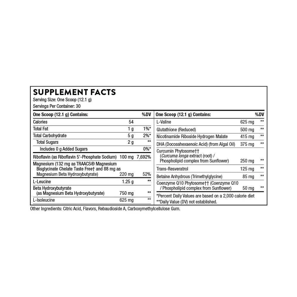 Supplement facts label showing nutrition and ingredients for functional health supplement.