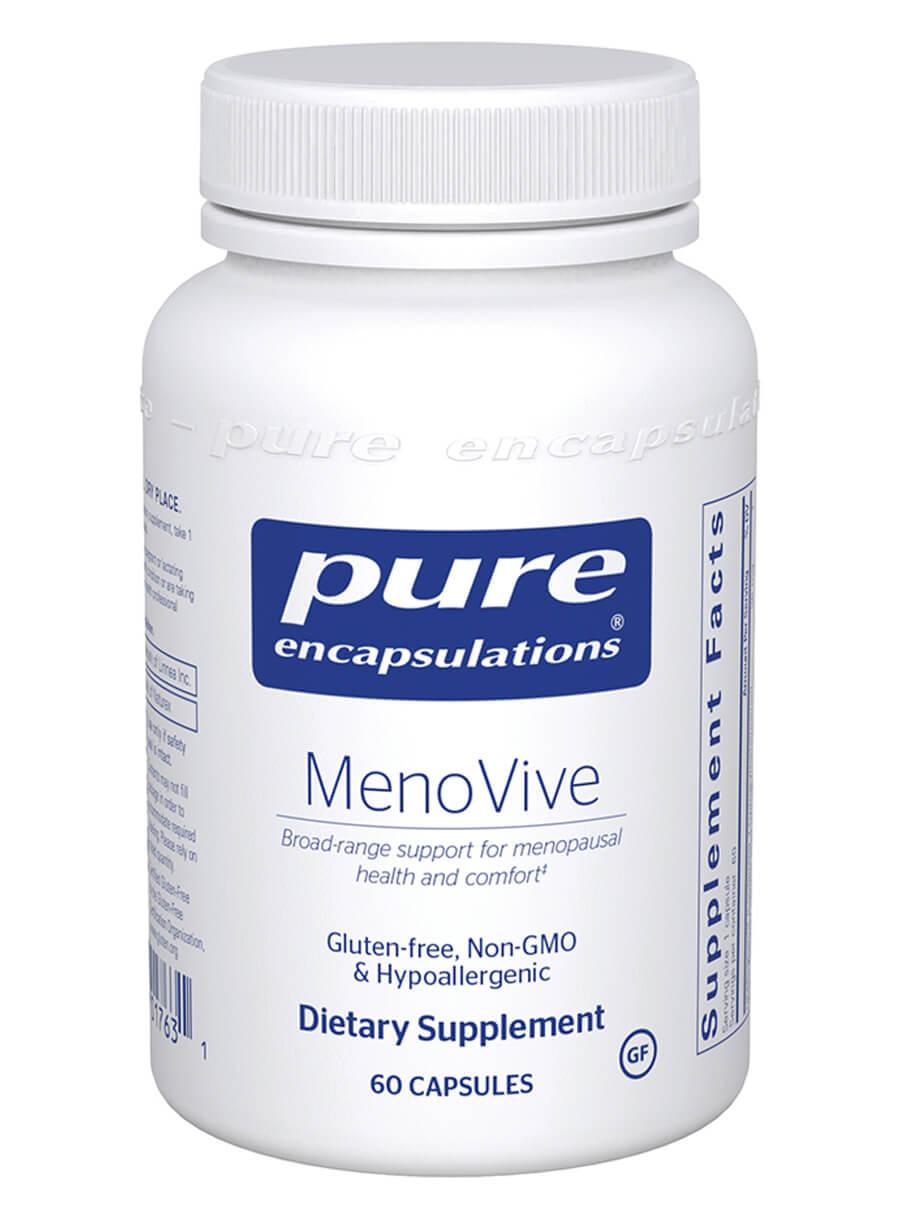 Pure Encapsulations MenoVive dietary supplement bottle, 60 capsules, gluten-free, non-GMO, hypoallergenic.