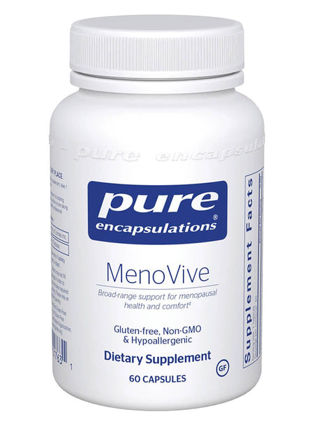 Pure Encapsulations MenoVive dietary supplement bottle, 60 capsules, gluten-free, non-GMO, hypoallergenic.
