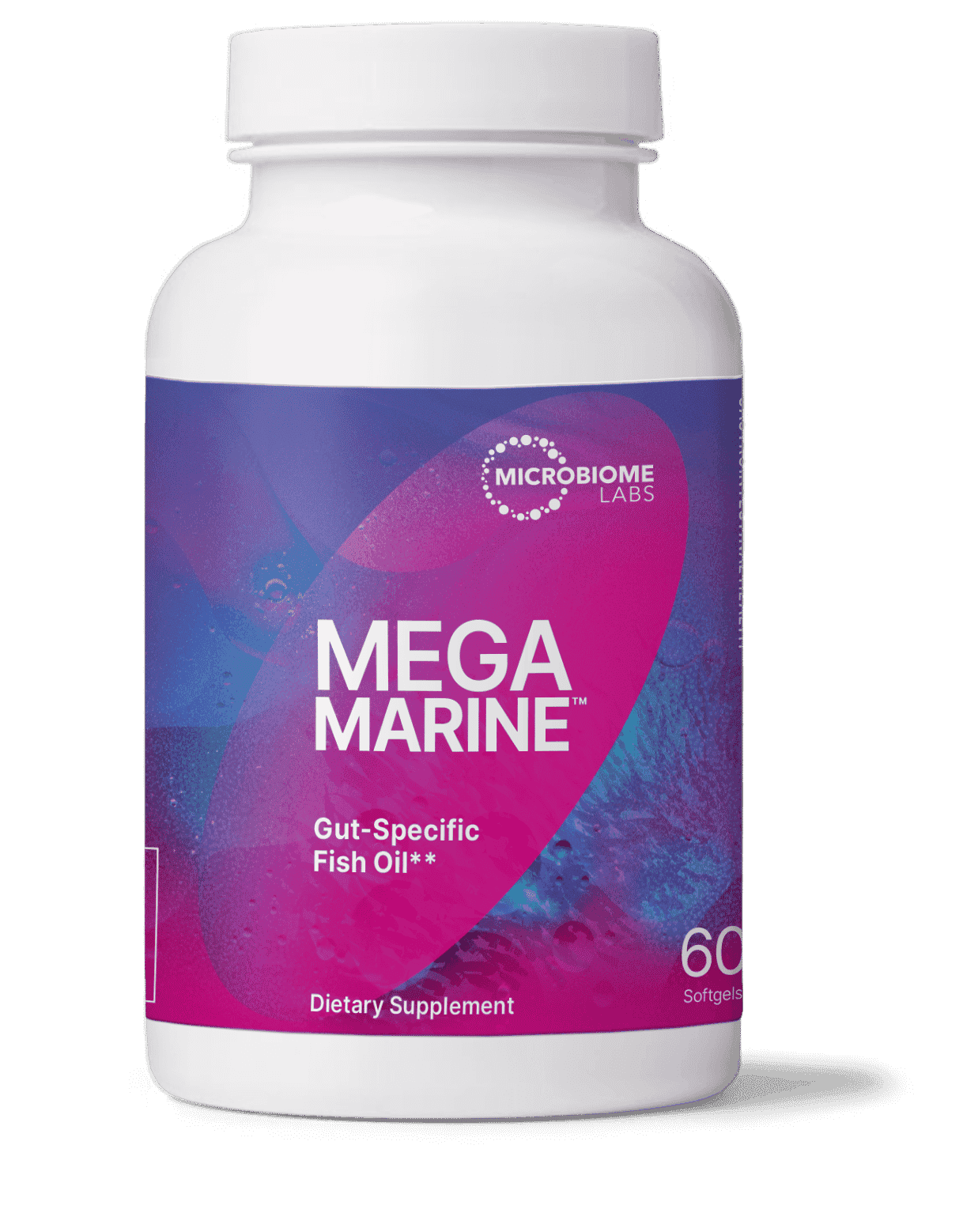 Mega Marine gut-specific fish oil dietary supplement bottle with 60 softgels