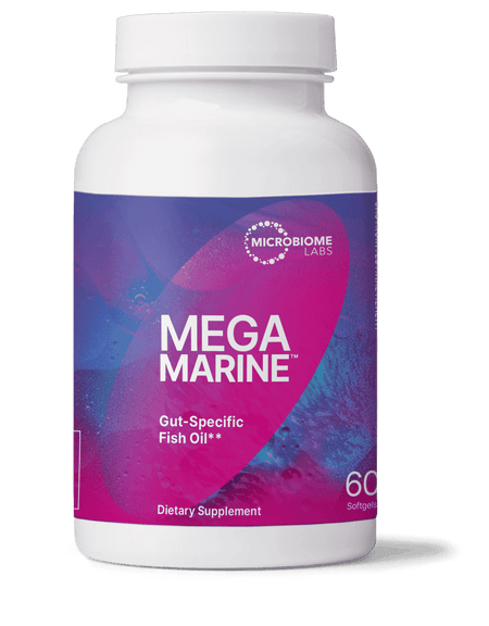 Mega Marine gut-specific fish oil dietary supplement bottle with 60 softgels
