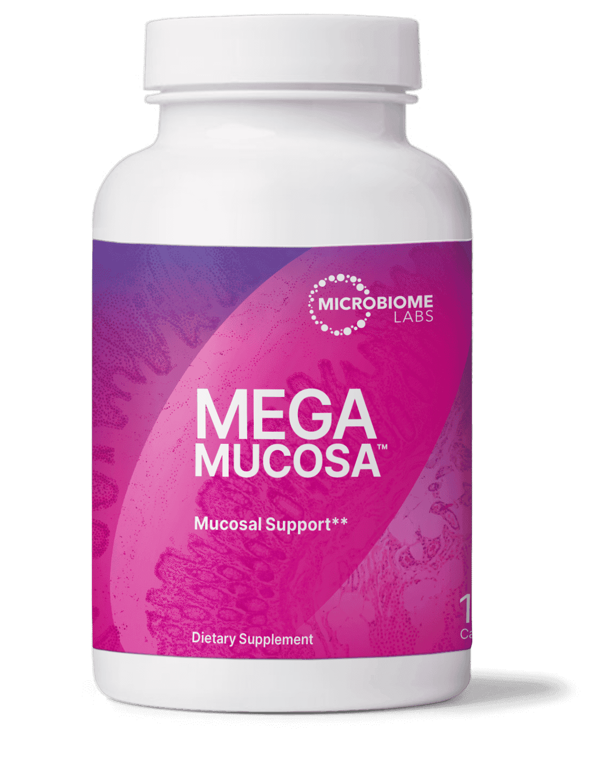 Mega Mucosa dietary supplement bottle for mucosal support, pink label, capsules