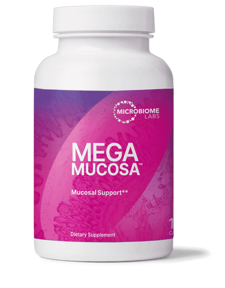 Mega Mucosa dietary supplement bottle for mucosal support, pink label, capsules
