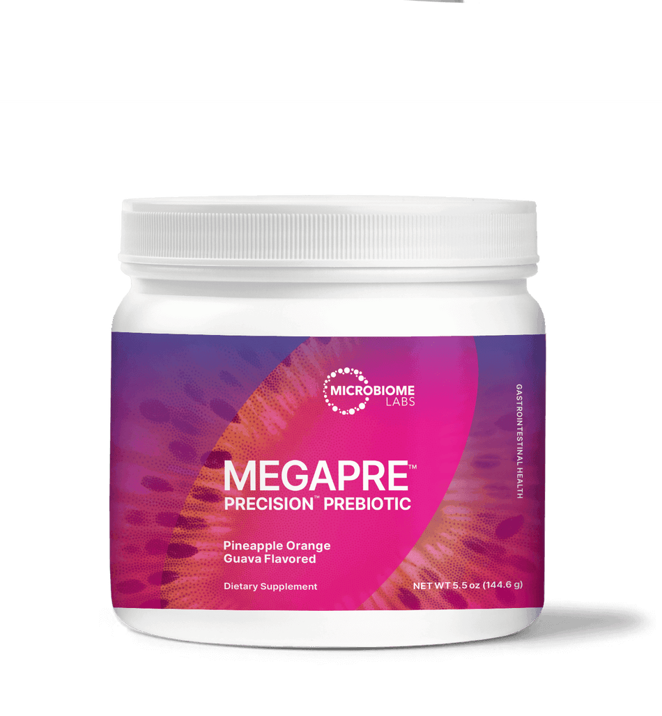 Microbiome Labs MegaPre Precision Prebiotic powder, pineapple orange guava flavor, dietary supplement container.
