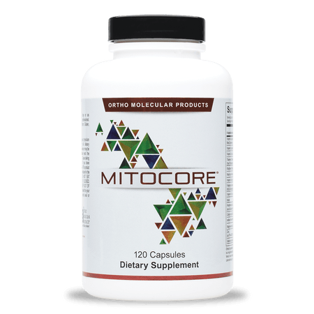 MitoCORE dietary supplement bottle with colorful geometric label, 120 capsules