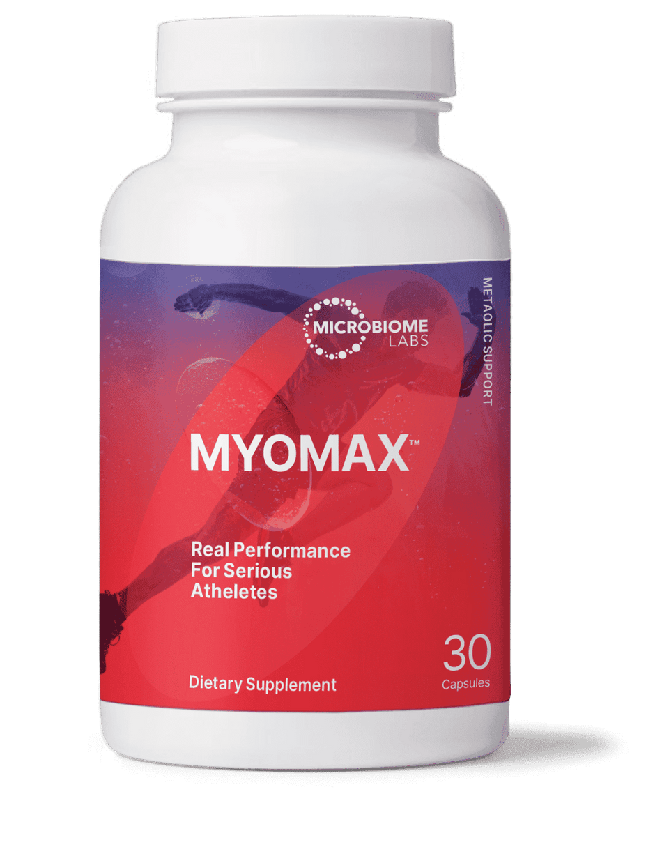 MyoMax dietary supplement bottle for athletes, 30 capsules, metabolic support