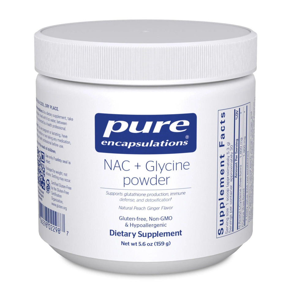 Pure Encapsulations NAC + Glycine powder dietary supplement container, peach ginger flavor
