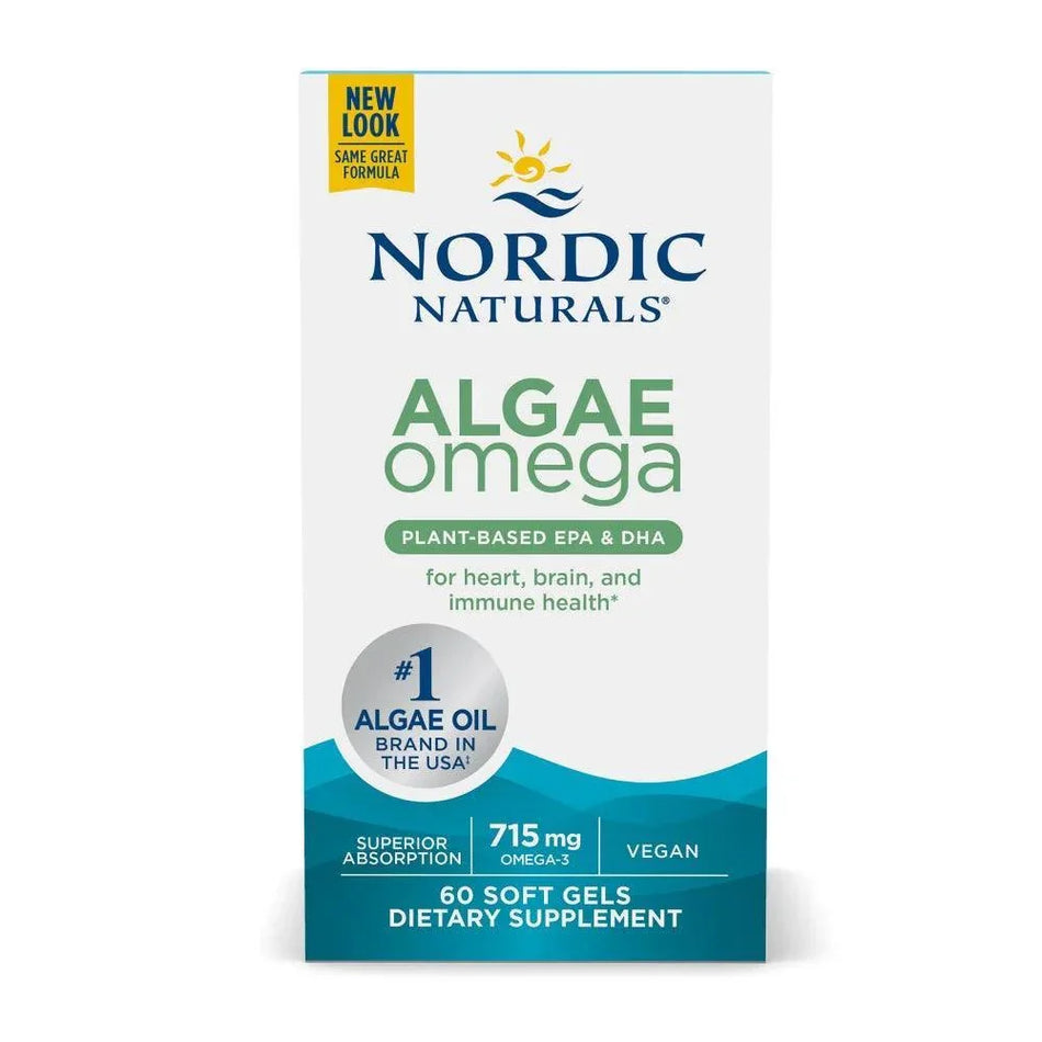 Nordic Naturals Algae Omega 60 soft gels box, plant-based EPA DHA omega-3 supplement