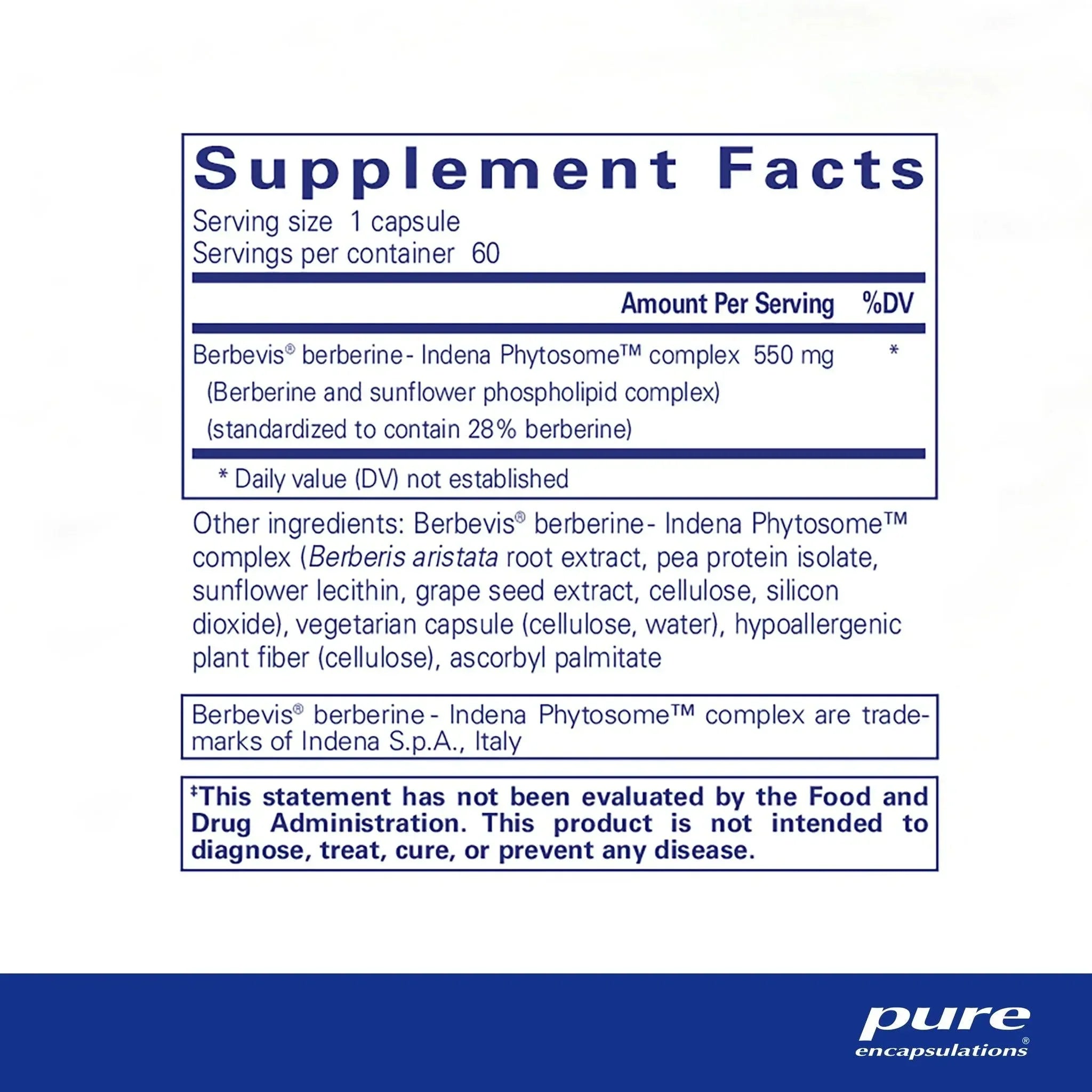 Supplement Facts label for Berbevis berberine Indena Phytosome complex 550mg, 60 capsules